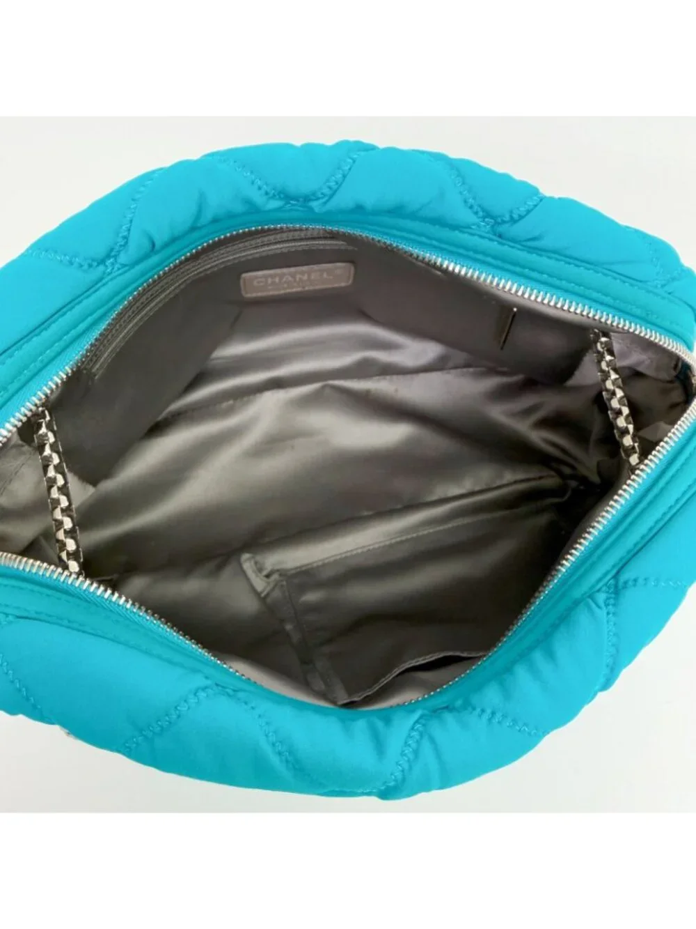Chanel Bubble Quilt Chain Shoulder Bag Cotton Turquoise Blue Silver Seal Vintage